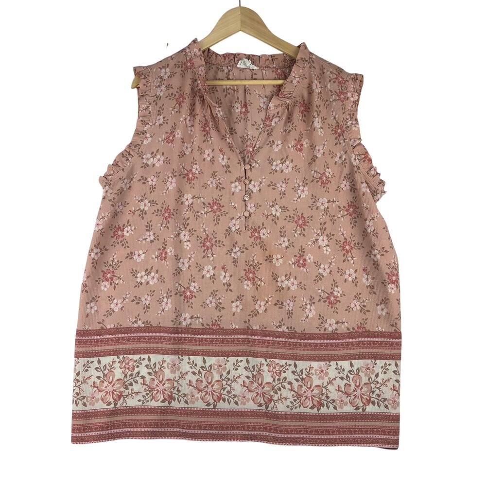 Perch Sleeveless Cottage Blouse Women's 2X Pink Ditsy Floral Feminine Ruffle